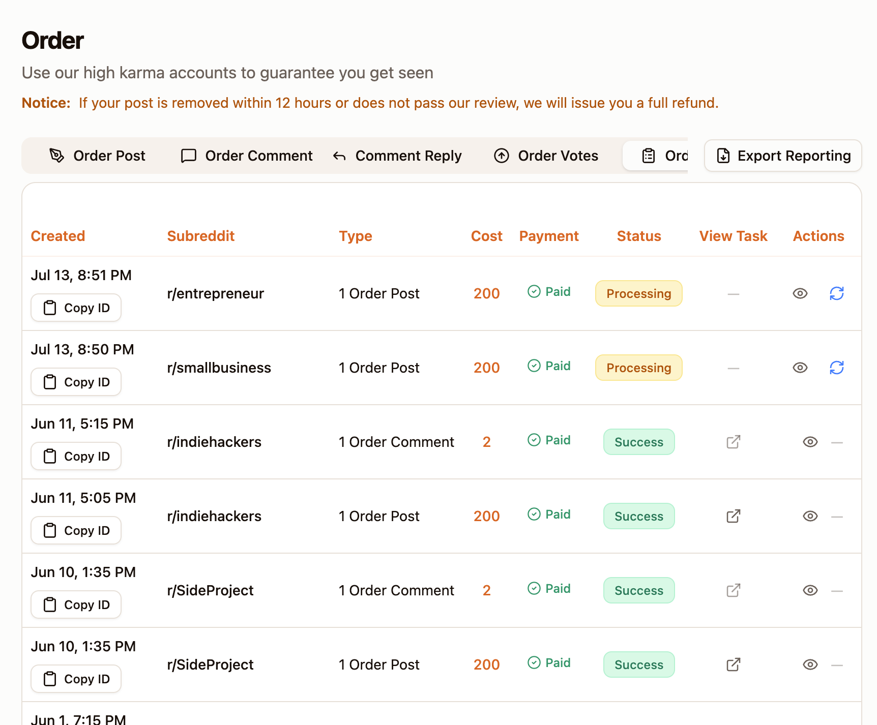 Order status dashboard