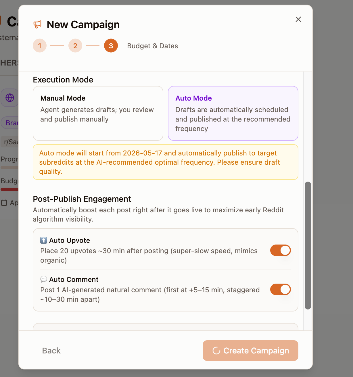 New Campaign wizard Step 3 with Auto Mode selected, showing the orange warning banner: Auto mode will start from 2026-05-17 and automatically publish to target subreddits at the AI-recommended optimal frequency