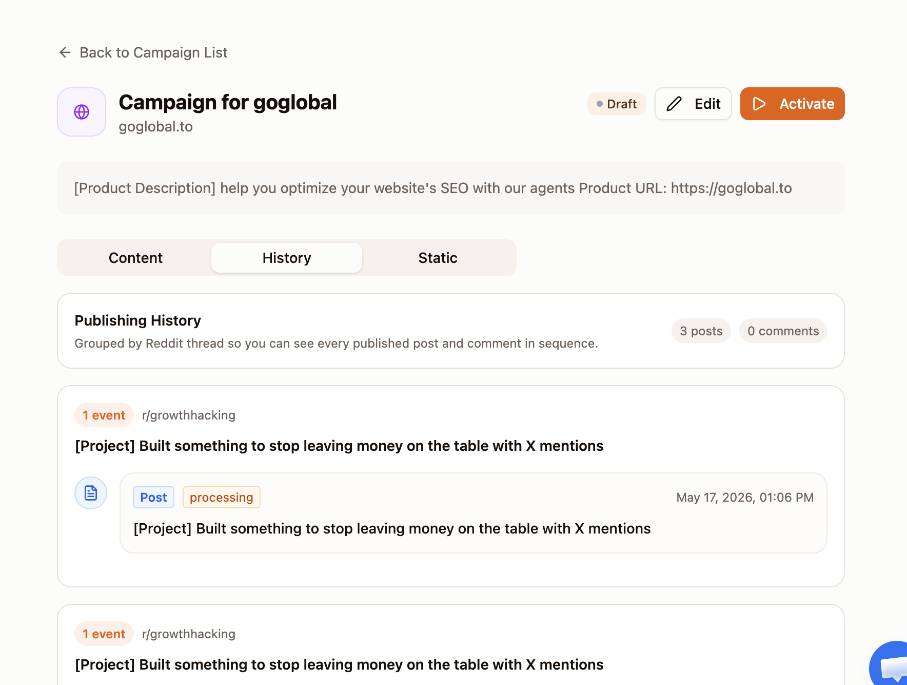 Campaign History tab showing Publishing History grouped by Reddit thread, with event count badge, subreddit label, post title, and processing status
