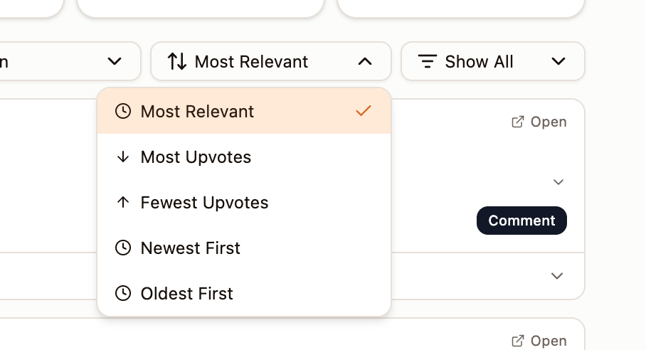 Sort dropdown open showing five options: Most Relevant (checked), Most Upvotes, Fewest Upvotes, Newest First, Oldest First